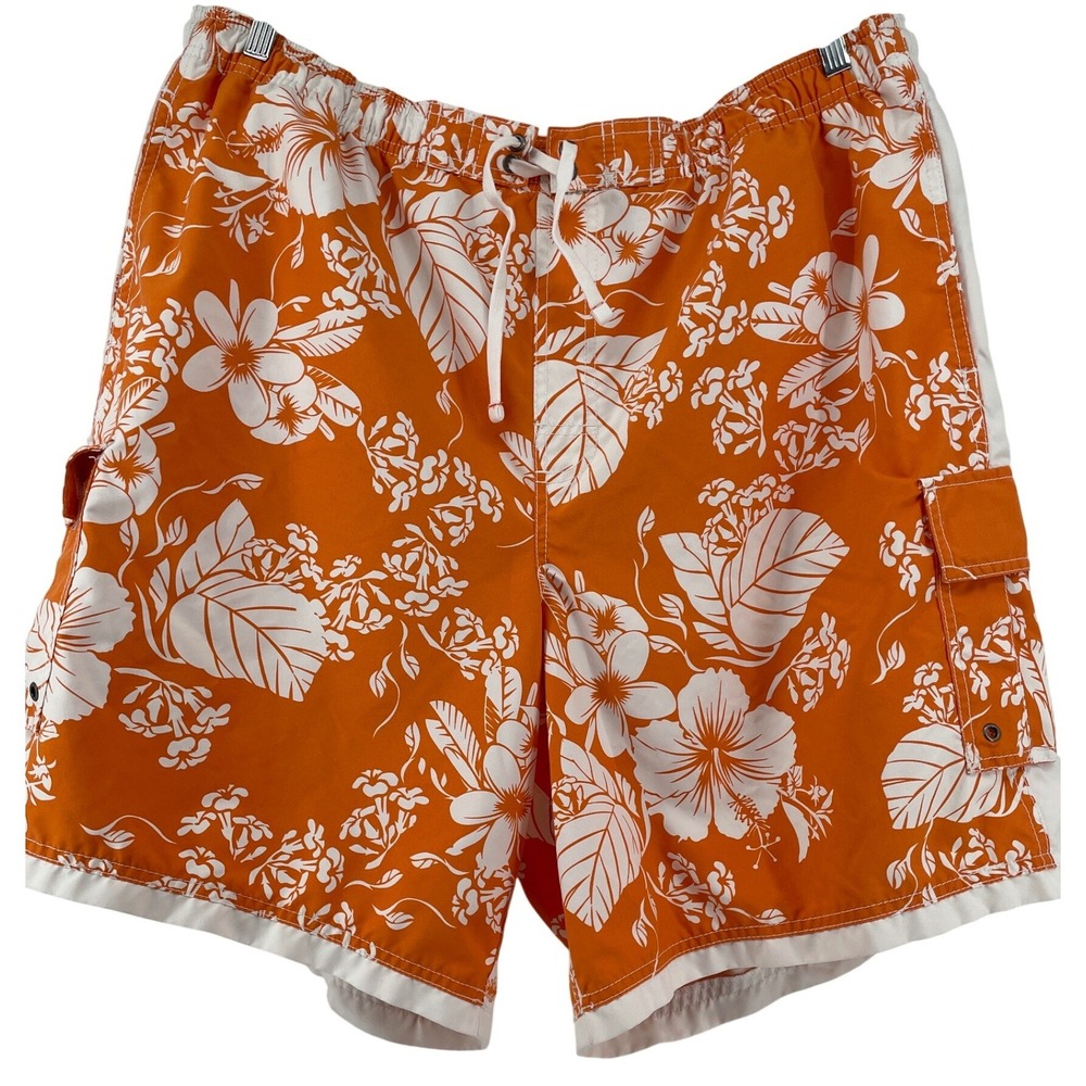 Roundtree & York Swim Trunks Mens 2XB Orange White Tropical Cargo Pockets